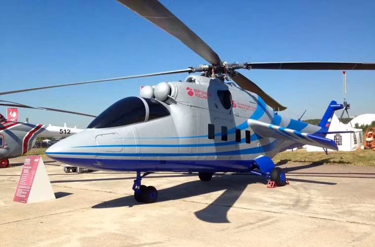 Cũng tại MAKS 2015, Nga đã giới thiệu hàng loạt vũ khí đáng lưu tâm. Ảnh: Trực thăng Mi-35 được cải tạo lại mũi máy bay thử nghiệm công nghệ bay siêu tốc PSV.