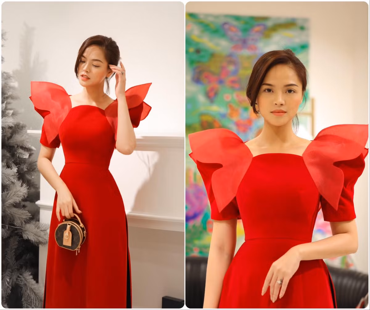 Chiếc áo dài cách tân phần cổ và tay của diễn viên Thu Quỳnh trông cực kỳ nổi bật.