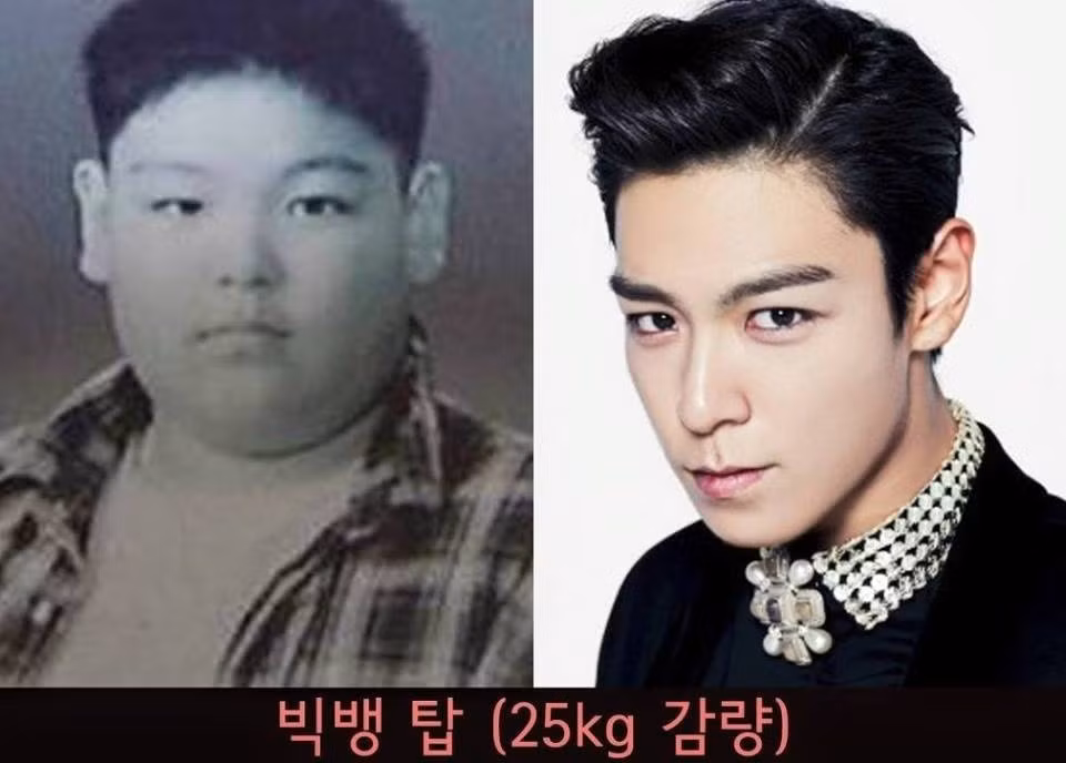 T.O.P của Big Bang cũng từng có lúc nặng tới 100 kg và bị YG từ chối vì thân hình quá khổ. Nam rapper sau đó đã quyết tâm khổ luyện và giảm được 20 kg nhờ tập luyện và chế độ ăn kiêng nghiêm ngặt bao gồm thạch yanggaeng làm từ đậu đỏ (có tác dụng thải các chất độc trong cơ thể).