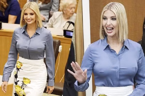 Trong lần tới Đại hội đồng Liên Hợp Quốc, Ivanka Trump diện chân váy hoa cùng áo sơ mi lụa màu xanh trông khá thanh lịch. Tuy nhiên trong mắt người đối diện, chiếc áo của Ivanka dường như đã "phản chủ" khiến cho cô bị lộ “nhũ hoa”.
