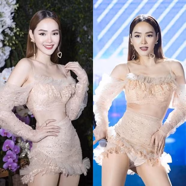 Chiếc váy ren của Minh Hằng ngắn tới mức khiến cô lộ cả nội y khi biểu diễn.