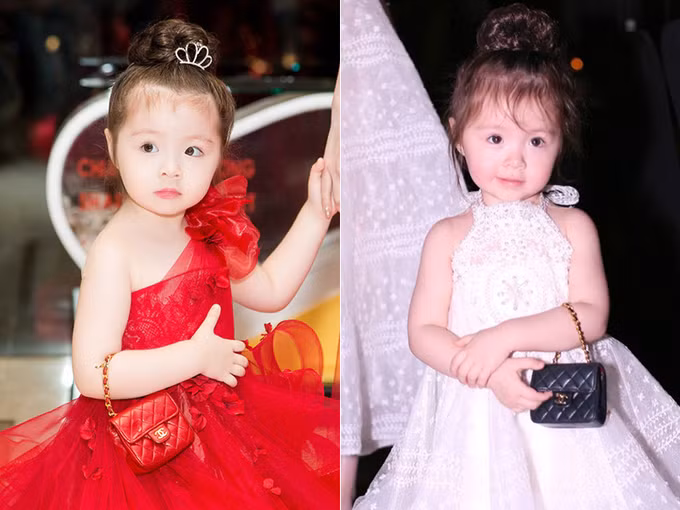 Nữ diễn viên cũng đầu tư nhiều mẫu túi "tí hon" xinh xắn cho con gái để đeo ở khuỷu tay như các tiểu thư khi dự tiệc cùng mẹ.