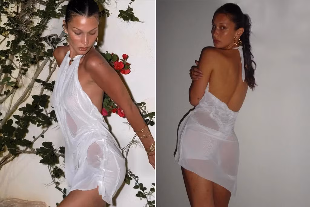 Mới đây, Bella Hadid đăng ảnh diện váy 2.840 USD của Di Petsa trên trang cá nhân hôm 15/8. Bộ váy làm từ vải tái chế, tạo hiệu ứng ướt sũng nhờ kỹ thuật khâu và xếp nếp đặc trưng của nhà thiết kế Dimitra Petsa.