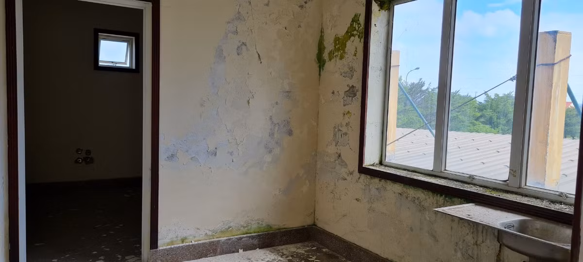 Tường bong tróc loang lổ.