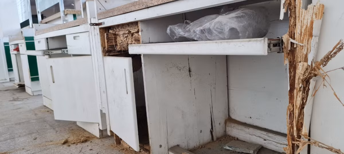 Do bỏ hoang nhiều năm, mối đã đục hỏng các đồ dùng bẳng gỗ.