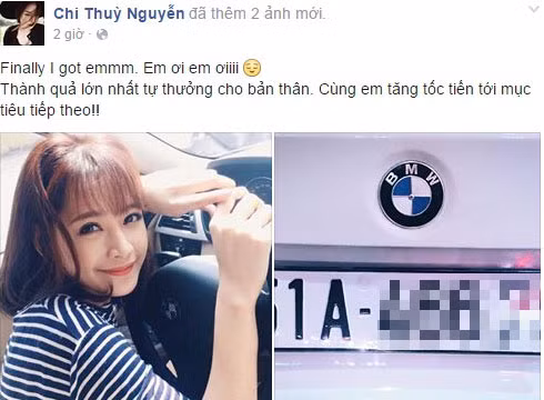 Đầu năm 2015, Chi Pu gây "sốc" cho hàng loạt người hâm mộ khi khoe hình ảnh ngồi trong chiếc xe mới tậu. Với chú thích đơn giản: "Thành quả lớn nhất tự thưởng cho bản thân, cùng em tăng tốc tới mục tiêu tiếp theo". Ảnh: FB Chi Pu.