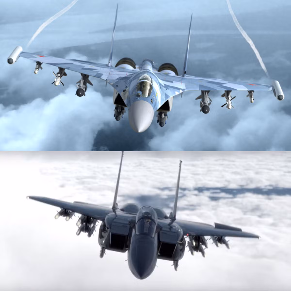 So với chiến đấu cơ F-15 của Không quân Mỹ, chiến đấu cơ Su-35 của Không quân Nga "trẻ" hơn rất nhiều khi sinh sau đẻ muộn tới gần 30 năm. Mặc dù vậy, năng lực tác chiến của hai dòng chiến đấu cơ này không thực sự quá khác biệt và vai trò của chúng trong không quân của hai cường quốc quân sự trên cũng khá tương đồng. Nguồn ảnh: Tatical.