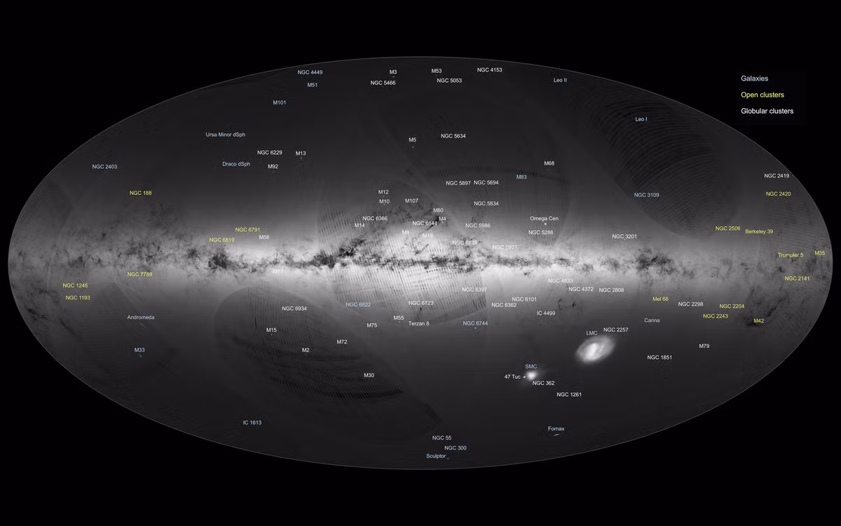 Bản đồ ghi chú vị trí, hình dạng và các ngôi sao, chòm sao tồn tại trong thiên hà Milky Way do các nhà khoa học thuộc tàu Gaia thiết lập.