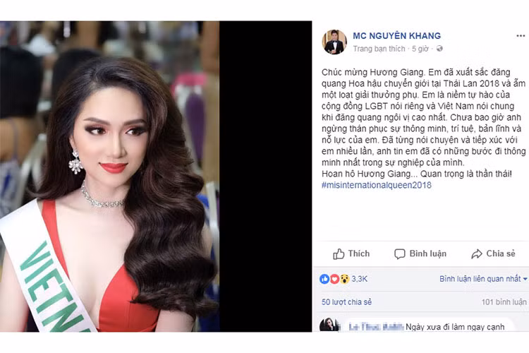 MC Nguyên Khang chia sẻ: "Em là niềm tự hào của cộng đồng LGBT nói riêng và Việt Nam nói chung khi đăng quang ngôi vị cao nhất. Chưa bao giờ anh ngừng thán phục sự thông minh, trí tuệ, bản lĩnh và nỗ lực của em".