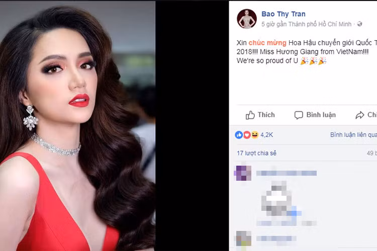 Bảo Thy chúc mừng Hương Giang giành chiến thắng tại đấu trường nhan sắc quốc tế dành cho người chuyển giới.