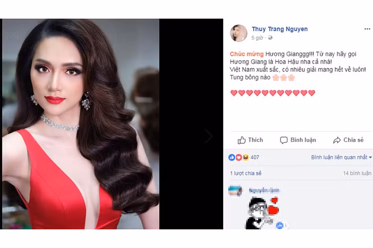 Trang Pháp chia sẻ: "Chúc mừng Hương Giang. Từ nay hãy gọi Hương Giang là hoa hậu".