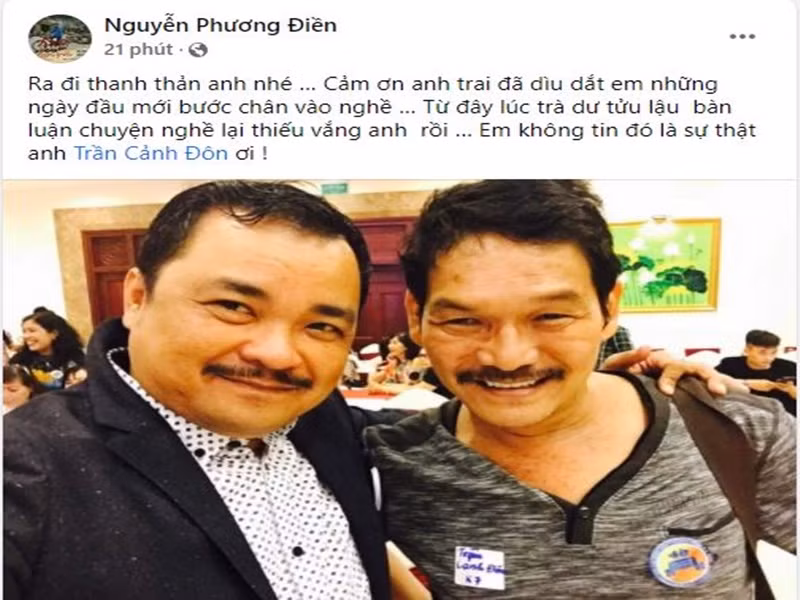 Đạo diễn Phương Điền bày tỏ sự tiếc thương khi hay tin đạo diễn Trần Cảnh Đôn qua đời. "Cảm ơn anh trai đã dìu dắt em những ngày đầu mới bước chân vào nghề", Phương Điền nhắn nhủ đàn anh quá cố.