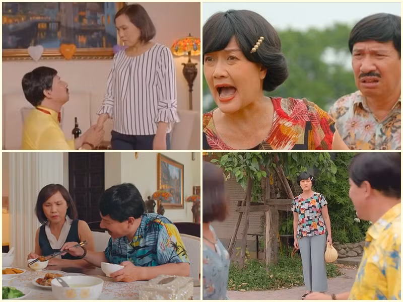 Trong phim “ 11 tháng 5 ngày”, cậu Tiến (Quang Thắng) tán tỉnh cả cô giúp việc Hoan (Anh Thơ) và cô chủ xóm trọ Vân (Vân Dung). Chuyện tình tay ba mang lại tiếng cười cho khán giả. Ảnh: Tiền Phong, Đất Việt, VTV
