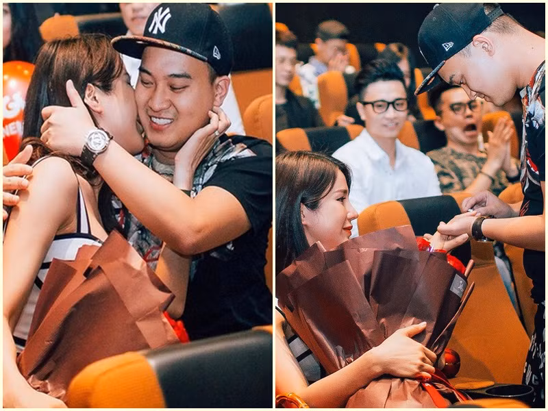 Năm 2018, Diệp Lâm Anh bất ngờ khi hình ảnh của cô cùng Đức Phạm được chiếu lên màn hình tại rạp chiếu phim. Nữ người mẫu còn xúc động khi nửa kia cầu hôn cô. Ảnh: Vietnamnet