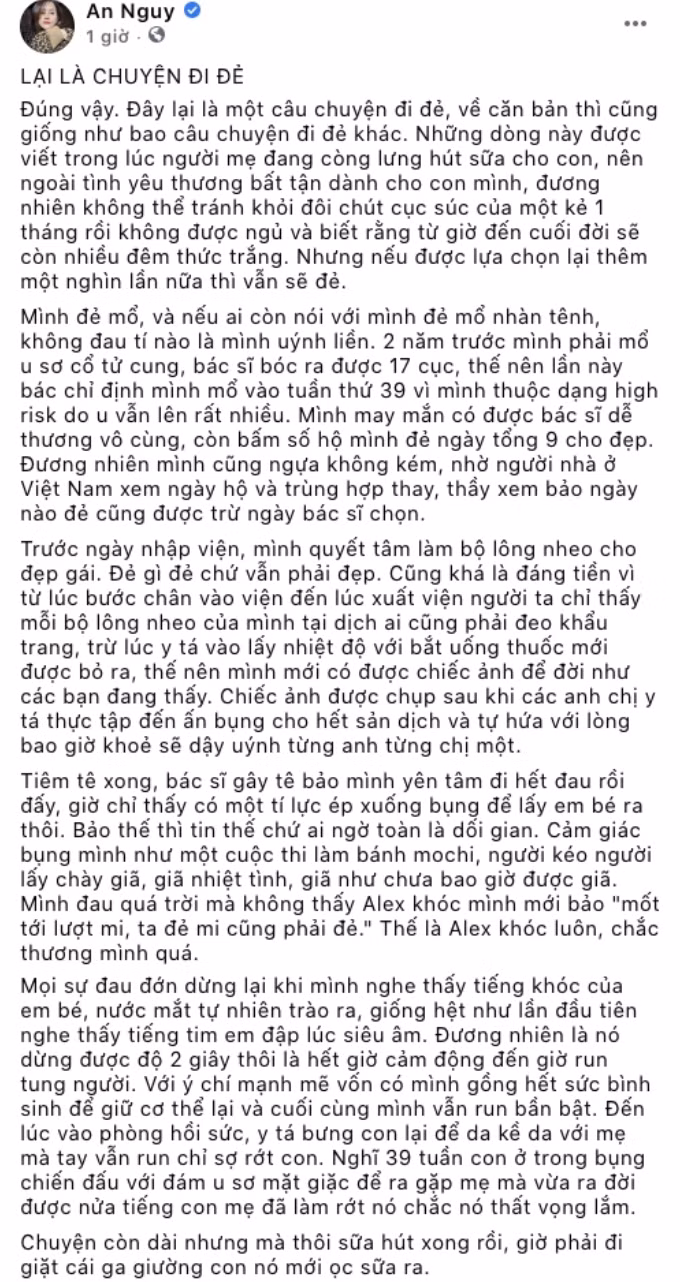 Trên trang cá nhân Facebook, An Nguy cũng chia sẻ bài đăng khá dài kể về quá trình sinh con của mình. Được biết, An Nguy sinh mổ chủ động ở tuần thứ 39 do có nhiều khối u xơ tử cung. Hành trình vượt cạn của cô tuy không quá vất vả song cũng chẳng ít đau đớn.