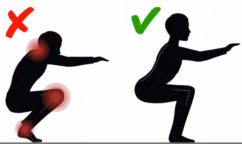 Lưu ý tập squat đúng cách - giữ lưng và cẳng chân thẳng, để làm săn chắc toàn bộ cơ thể, cải thiện sự linh hoạt của cơ thể.