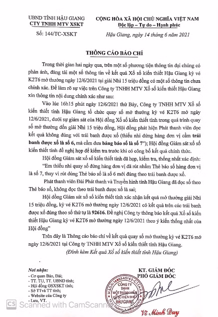 Phat thanh vien doc nham ket qua mo thuong, Xo so Hau Giang len tieng