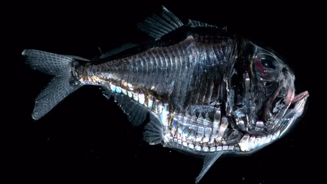 Ở độ sâu 5km nơi hoàn toàn không có ánh sáng và tách biệt với thế giới bên ngoài, loài Hatchetfish có lớp da trong suốt và cực kỳ nhạy cảm với ánh sáng mặc dù chúng hoàn toàn... không có mắt.