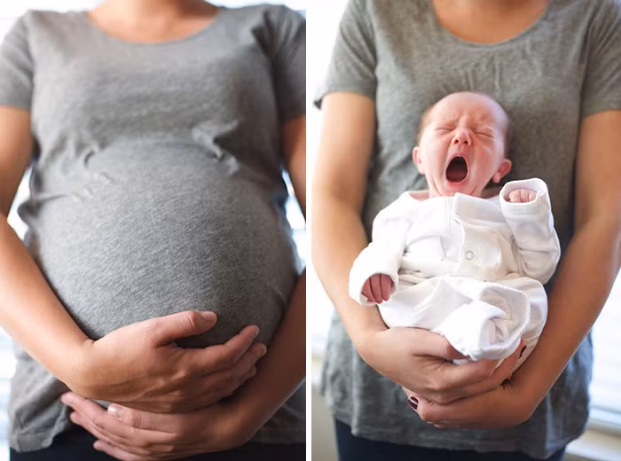 Trào lưu bắt đầu từ một bức ảnh người cha ghép bức hình của vợ khi mang thai và sau khi sinh em bé với dòng mô tả ngắn gọn: "Bụp, biến hình".