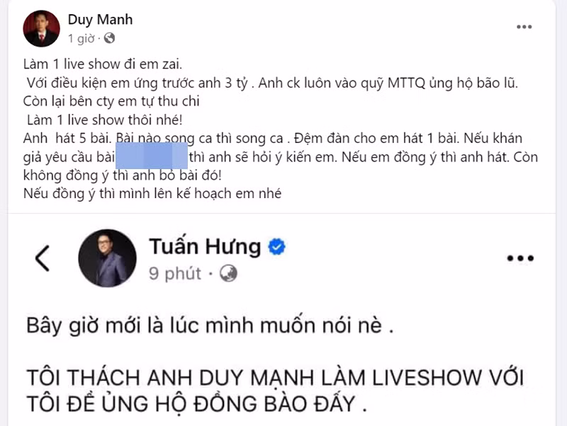 Trước lời thách của Tuấn Hưng, Duy Mạnh nhanh chóng lên tiếng. "Làm 1 live show đi em trai. Với điều kiện em ứng trước anh 3 tỷ. Anh chuyển khoản luôn vào quỹ Mặt trận Tổ Quốc ủng hộ bão lũ. Còn lại bên công ty em tự thu chi. Làm 1 live show thôi nhé! Nếu đồng ý thì mình lên kế hoạch em nhé", Duy Mạnh cho hay. Ảnh: FB Duy Mạnh.