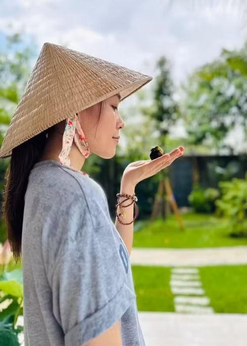 Nữ ca sĩ hào hứng thu hoạch cây trái trong vườn. Ảnh: Instagram Mỹ Tâm.