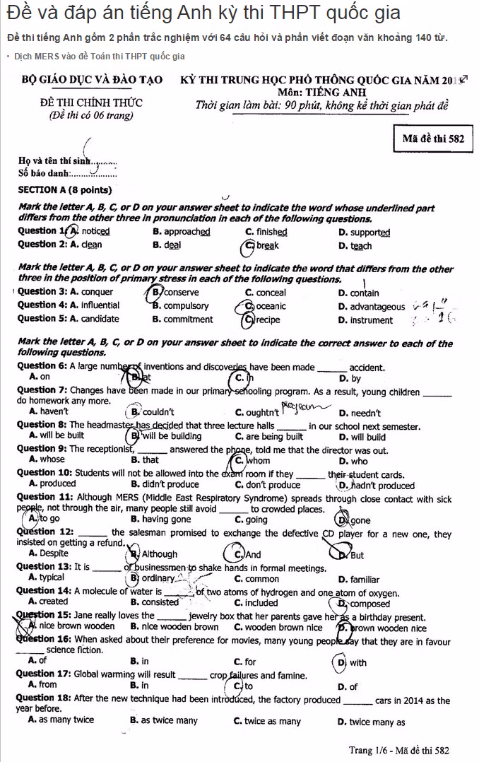 De thi THPT quoc gia mon Tieng Anh nam 2015 ma de 582 va dap an