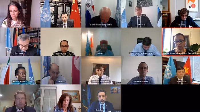 Đầu tuần này, quyền phái viên Liên Hợp Quốc tại Libya, Stephanie Williams đã cảnh báo về sự leo thang có thể xảy ra trong cuộc chiến giành quyền lãnh đạo đất nước tại Libya. Ảnh: Hội đồng Bảo an Liên hợp quốc họp trực tuyến về tình hình Libya ngày 19/5.