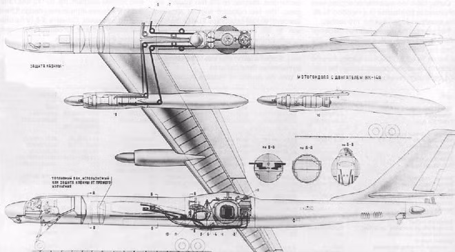 Máy bay ném bom chiến lược Tu-119 có chiều dài 46,17 m, cao 12,5 m; tốc độ bay tối đa có thể đạt 800 km/h và có thể chở 9 phi công. Ảnh: Bản vẽ của Tu-119 thấy lò phản ứng đặt ở giữa thân máy bay, cung cấp hơi nước làm quay các turbine cánh quạt - Nguồn: Wikipedia