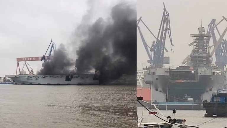 Trước đó, vào tháng 4 năm nay, con tàu đã xảy ra một vụ cháy khá lớn chưa rõ thiệt hại. Đám cháy có vẻ như xảy ra ở khoang chứa trực thăng ở phía dưới mặt boong của tàu. Mặc dù vệt ám khói từ vụ hỏa hoạn vẫn còn có thể thấy được trong chuyến ra khơi, tuy nhiên có vẻ như mọi thiệt hại đã được khắc phục triệt để. Ảnh: Chiếc Type 075 đầu tiên bị cháy hồi tháng 4 vừa qua.