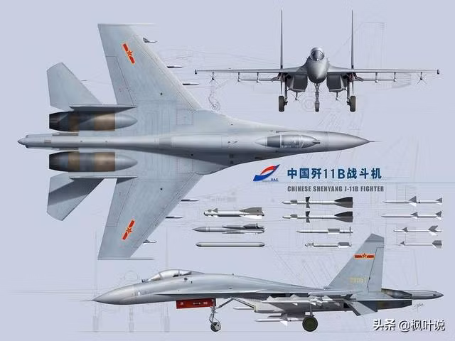 Nếu sải cánh của J-11 là 14,7 m; tổng chiều dài là 21,9 m; chiều cao là 5,9 m; thể tích rỗng là 16,9 m3; tải trọng thông thường là 8 tấn. Còn Rafale có sải cánh chỉ 10,8 m, tổng chiều dài 15,2 m; chiều cao 5,3 m, thể tích rỗng 9 m3 và tải trọng vũ khí là 6 tấn. Ảnh: Chiến đấu J-11B của Không quân Trung Quốc.