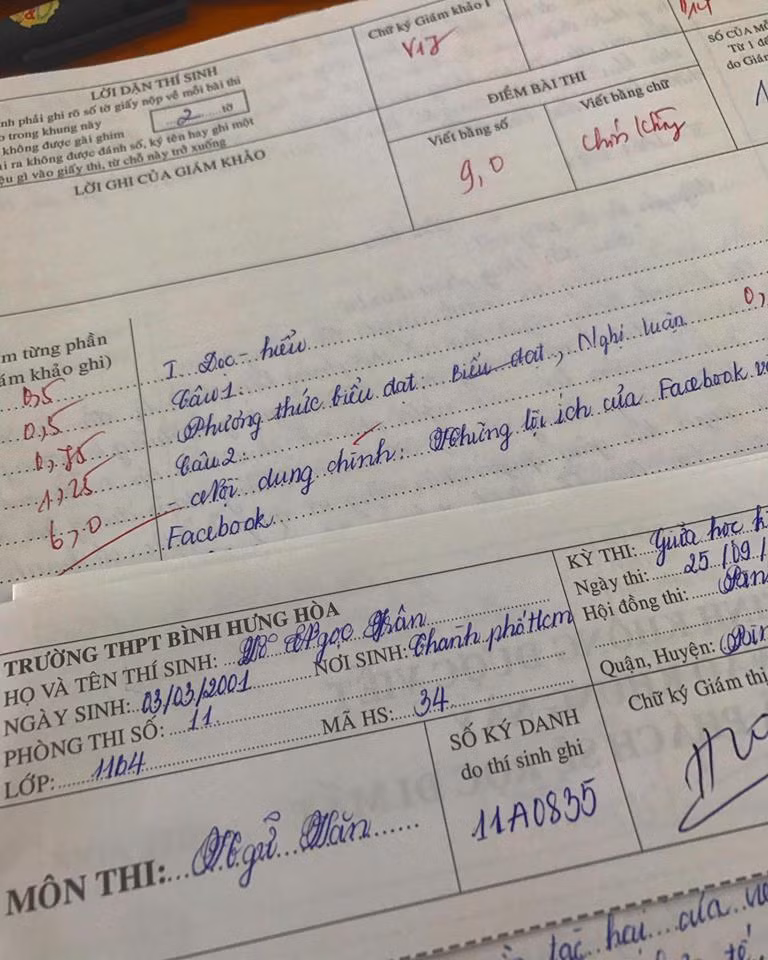 Điểm số môn Văn cao ngất ngưởng của cô nàng khiến dân mạng thích thú. "Xinh lại học giỏi", "ngưỡng mộ bạn"... là những lời khen tặng mà nhiều người dành cho Ngọc Trân.