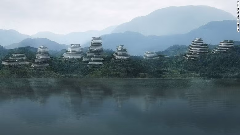 5. Làng Huangshang, tỉnh Anhui, Trung Quốc. Tựa bức tranh sơn thủy, ngôi làng Huangshang nổi lên bên mặt hồ Taiping và bao quanh bởi dãy Huangshang trùng điệp. Dự án đầy tham vọng này nhằm mô phỏng khung cảnh núi non nổi tiếng nơi đây và đưa Huangshang về với xã hội đương đại. Mô phỏng những dãy núi trùng điệp và đồi chè bậc thang tại khu vực này, làng Huangshan sẽ bao gồm nhiều công trình cả tư nhân lẫn công cộng như trung tâm sự kiện, khách sạn và nhà ở.