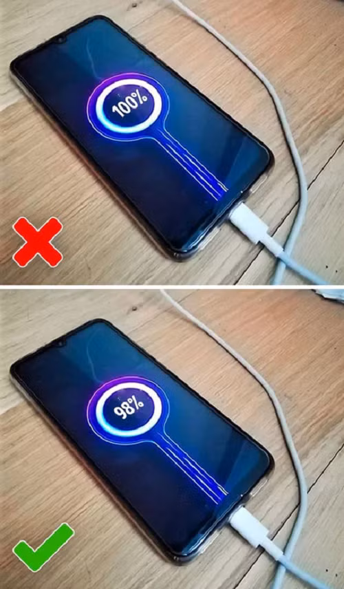 Không nên sạc pin đến 100% vì như vậy sẽ làm giảm tuổi thọ của pin. Pin điện thoại đều có số chu kỳ sạc cụ thể. Nếu bạn luôn sạc đến 100% thì sẽ nhanh hết chu kỳ sạc hơn. Chỉ nên sạc đầy pin mỗi tháng một lần và giữ pin ở mức từ 20% đến 80%.