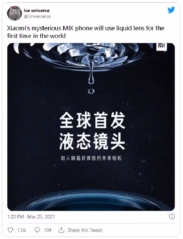 Đặc biệt, trong một bài đăng trên Weibo, Xiaomi đã hé lộ hệ thống camera smartphone với ống kính bằng chất lỏng, sẽ ra mắt trên Mi MIX sắp tới.