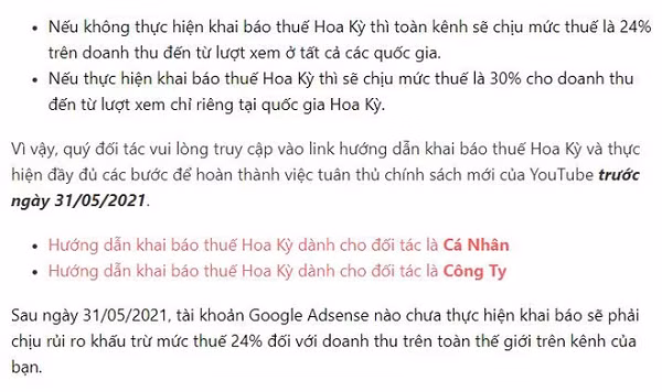 Tuy nhiên, không phải tất cả thu nhập sẽ bị ảnh hưởng, mà chỉ thu nhập từ người xem ở Mỹ. Bởi công ty mẹ của họ là Google làm điều này theo Chương 3 của Bộ luật thuế nội địa Mỹ. 
