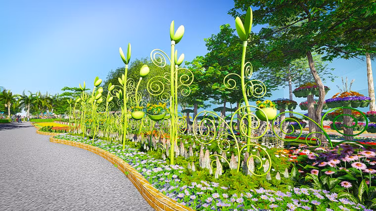 Đường hoa Tết Ất Mùi 2015 ngoài cảnh quan bằng chất liệu gỗ, đá còn được BTC sử dụng các chất liệu tái chế, rẻ tiền trong việc xây dựng từ đại cảnh đến tiểu cảnh vừa đảm bảo mỹ quan vừa hướng tới sự phát triển bền vững, hài hòa với thiên nhiên.