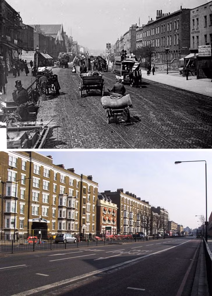 Vào năm 1885, đường Old Kent ở Southwark, London, Anh tấp nập các phương tiện thô sơ như xe ngựa kéo. Sau nhiều thập kỷ, con đường này được trải nhựa và mở rộng.