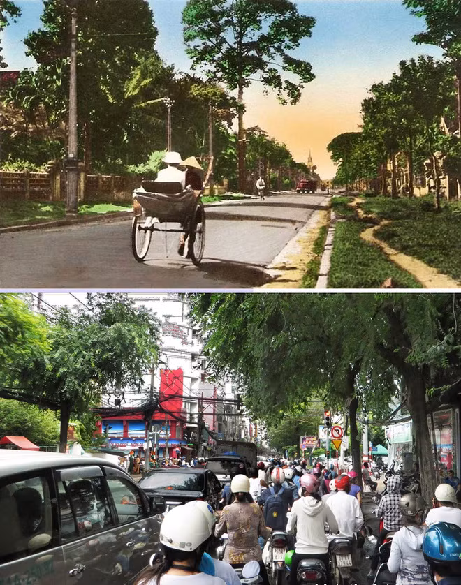 Đường Paul Blanchy năm 1947 vẫn còn nhỏ hẹp, vắng xe, nhà hai bên ít, với hàng cây xanh dọc hai bên đường, phía xa là nhà thờ Tân Định và đường Hai Bà Trưng ngày nay.