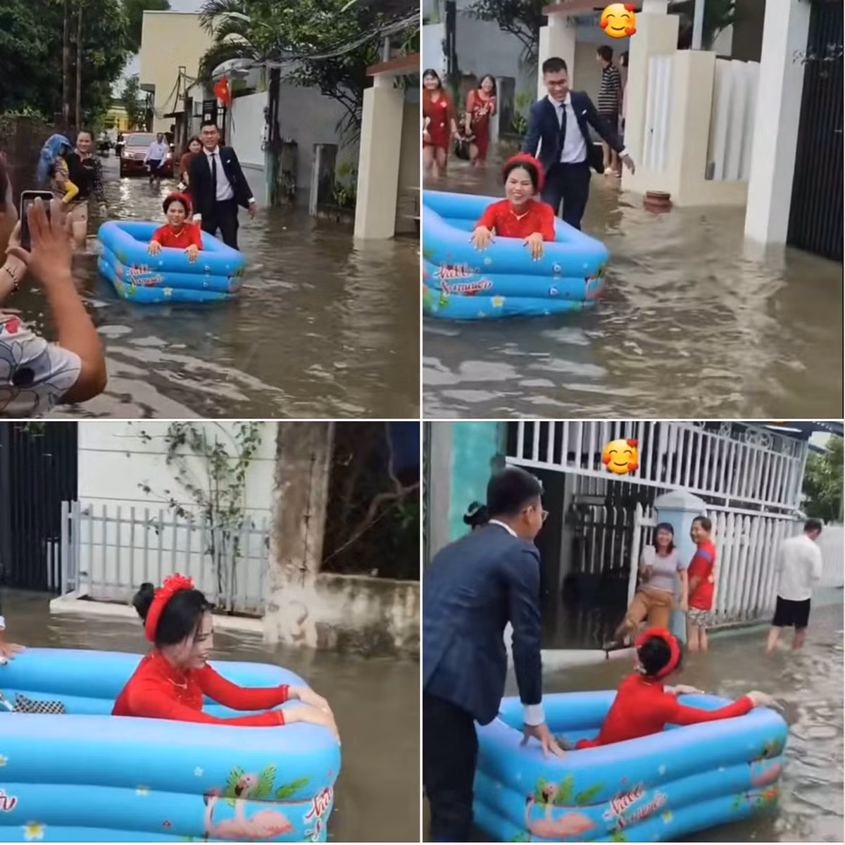 Mới đây, một số hình ảnh ghi lại màn rước dâu đặc biệt nhận được nhiều sự quan tâm của cư dân mạng. Đáng chú ý, đám cưới của cặp đôi này diễn ra vào đúng mùa mưa lũ, khi nước ngập cả đoạn đường khiến các phương tiện di chuyển khó khăn.