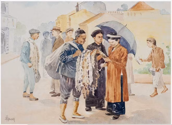 Góc phố khá giàu qua những ngôi nhà san sát và có cả kiến trúc phương Tây cùng đủ lớp người với chị em gái chít khăn mỏ quạ, áo tứ thân và đôi giày Gia Định ra dáng trung lưu phổ biến trước 1945 đang ngắm nghía một món hàng của chú khách. Trong khi đó bên cạnh là hình ảnh chú bé như vẻ đang mời chào thuê cho một cửa hiệu, món thuốc... nào đó.