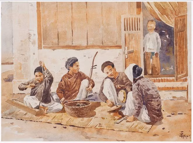 Chùm tranh ký họa màu nước "Sinh hoạt Việt Nam xưa" lấy bối cảnh miền Bắc. Trong hình là một "ban nhạc đường phố" dạo xưa với những nhạc công đang cùng phối hợp chơi nhạc bên manh chiếu với đàn nhị, phách, trống ban và một nhạc cụ nhìn như đàn bầu.