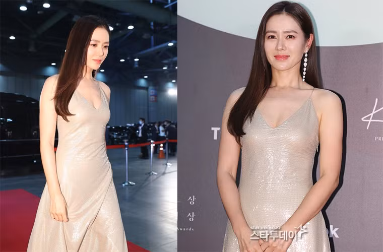 Chiếc váy màu beige phủ một lớp sequin lấp lánh ôm sát vào cơ thể tuyệt đẹp của nữ diễn viên 38 tuổi.