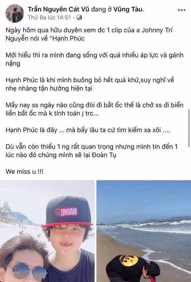 Trên trang cá nhân, Tim chia sẻ hình ảnh chụp cùng con trai trong chuyến du lịch ở Vũng Tàu kèm dòng trạng thái nhắc đến một người quan trọng, tin rằng một ngày nào đó cả nhà sẽ đoàn tụ. Mặc dù không ghi tên vợ cũ nhưng ai cũng hiểu người anh muốn nhắc đến là Trương Quỳnh Anh.