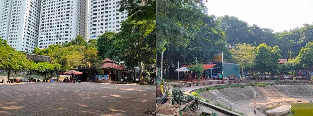 Khu vực ven hồ, nhiều hàng quán phát sinh để tràn lan ghế ngồi, lấn chiếm một phần lối đi của người dân. 