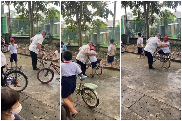Mới đây, một đoạn clip ngắn ghi lại cảnh cụ ông đón cháu tan học đã khiến không ít người xúc động. Theo đó có một cụ ông loay hoay đứng một bên chờ cháu trai. Dù thân thể không hoàn hảo, một bên chân đã chẳng còn nhưng bên cạnh ông vẫn là một chiếc xe đạp. Để khi cháu về nhà, cậu bé sẽ không phải đi bộ, chỉ việc ngồi đằng sau ôm chặt lấy ông. Ảnh: TikTok T.X.L.S