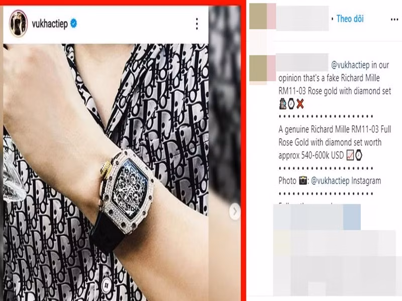  Vũ Khắc Tiệp vừa bị tố đeo đồng hồ nhái. Cụ thể, một tài khoản Instagram cho biết, ông trùm chân dài sử dụng đồng hồ fake của một thương hiệu nổi tiếng.