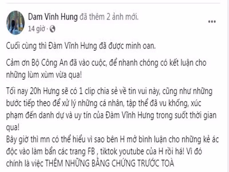 Được minh oan, Đàm Vĩnh Hưng lập tức lên tiếng. Nam ca sĩ cho biết, sắp tới, anh sẽ có những bước xử lý cá nhân, tập thể vu khống, xúc phạm anh.