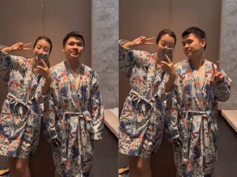 Đỗ Vinh Quang còn mặc đồ ngủ đôi với Đỗ Mỹ Linh, thường xuyên chủ động đút đồ ăn cho vợ. Ảnh: Vietnamnet.