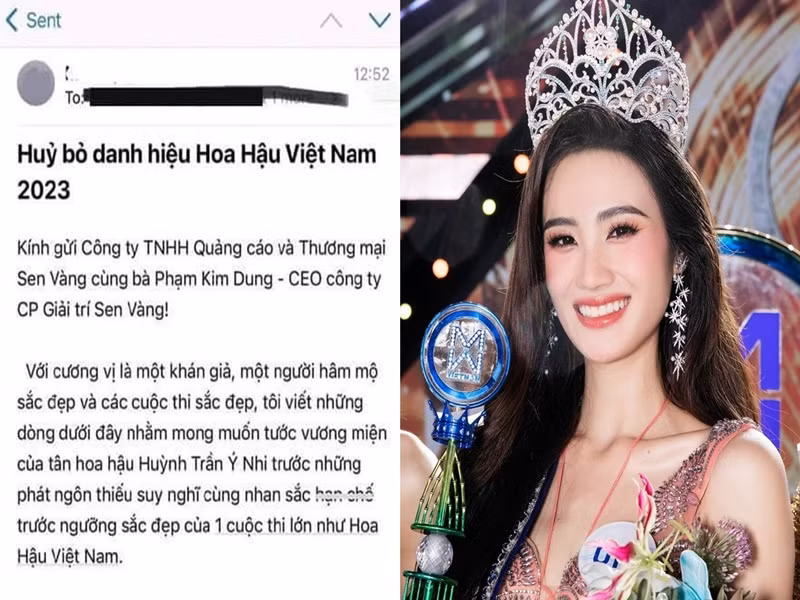 Một số dân mạng còn gửi thư đến ban tổ chức Hoa hậu Thế giới Việt Nam yêu cầu tước vương miện của Ý Nhi. Đại diện truyền thông của cuộc thi chia sẻ trên Dân Trí, công ty quản lý đã nhận được các email liên quan đến sự việc của Ý Nhi và sẽ đưa ra thông báo chính thức trong thời gian sớm nhất. Ảnh: Dân Trí.