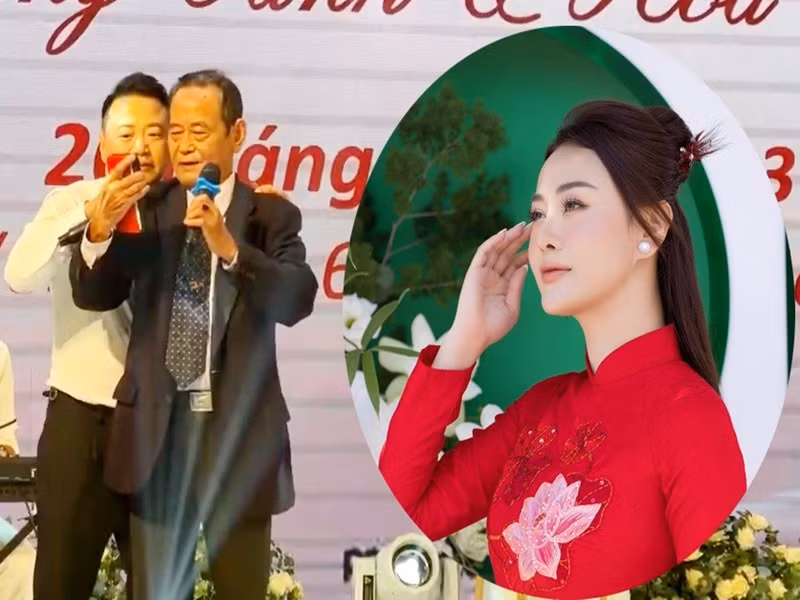 Trong lễ ăn hỏi, bố chồng Phương Oanh đã lên sân khấu hát bài Mùa xuân bên cửa sổ để tặng đôi uyên ương. Ảnh: Vietnamnet.